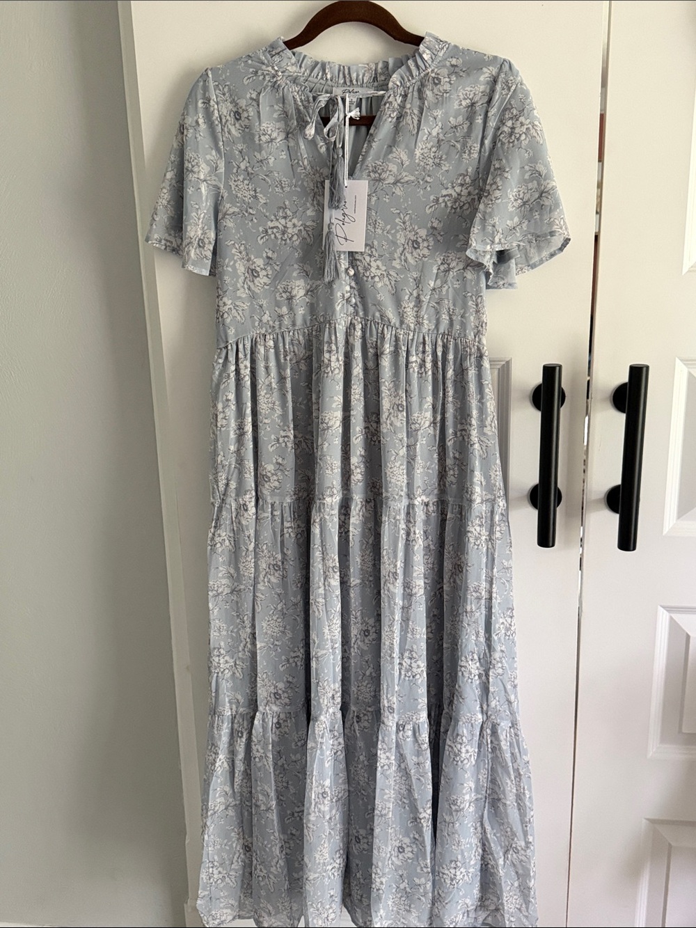 Light Blue Floral Tiered Maxi Dress with Tie Neck